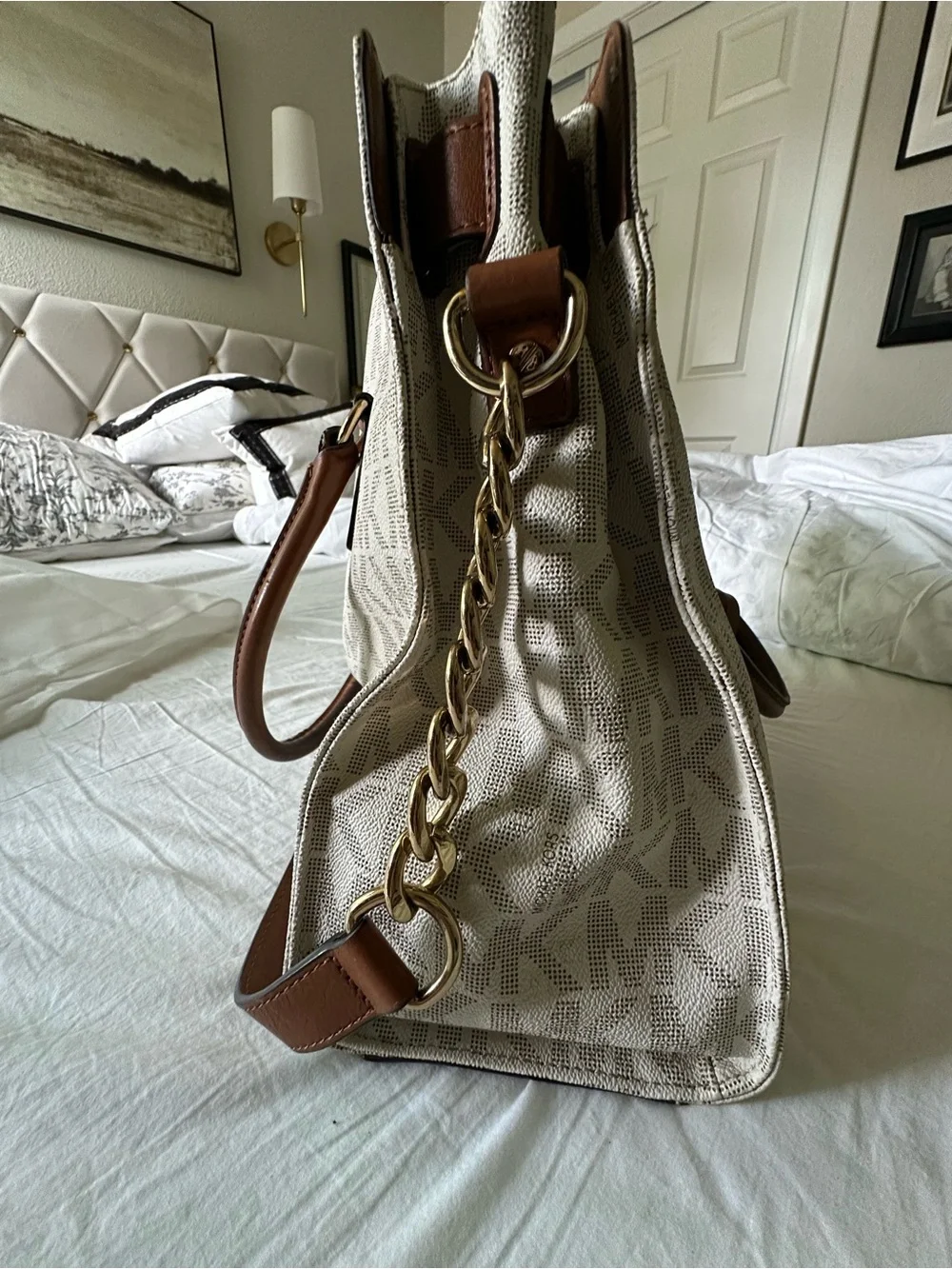 Michael Kors Cream & Brown Monogram Tote with Gold Hardware